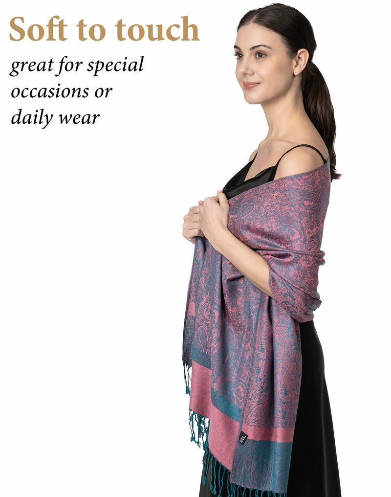 Achillea Women's Two Tone Vintage Jacquard Paisley Pashmina Shawl Wrap Scarf (Pink Teal) - Image 2